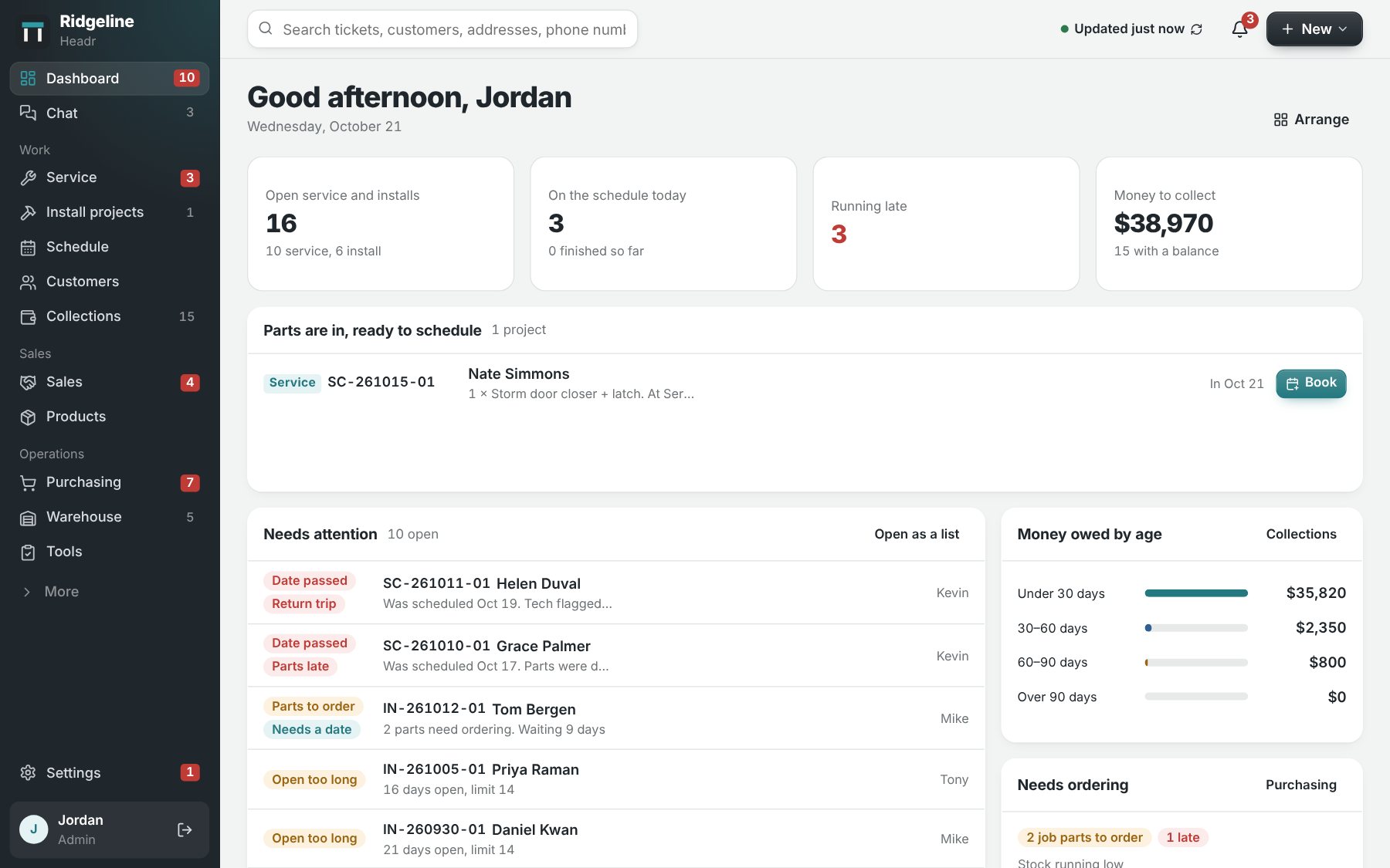 The Headr dashboard: open service and installs, today's schedule, jobs running late, money to collect, parts that are in and ready to schedule, and jobs that need attention.