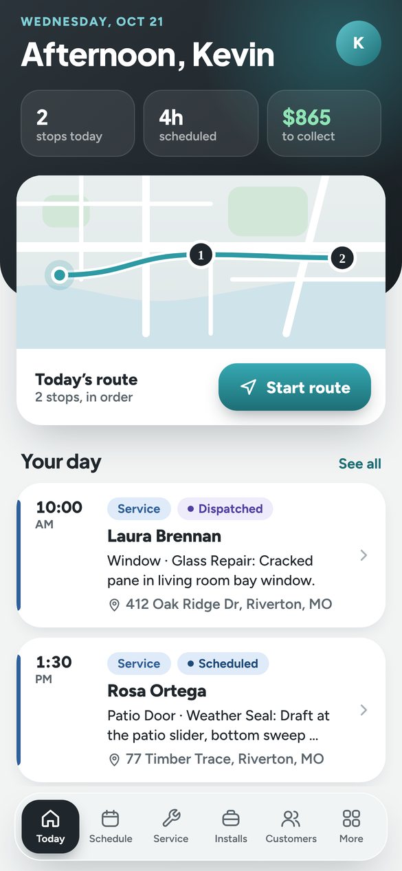 The Headr phone app for someone in the field: today's stops on a route map with a Start route button, then the day's service calls with times and addresses.