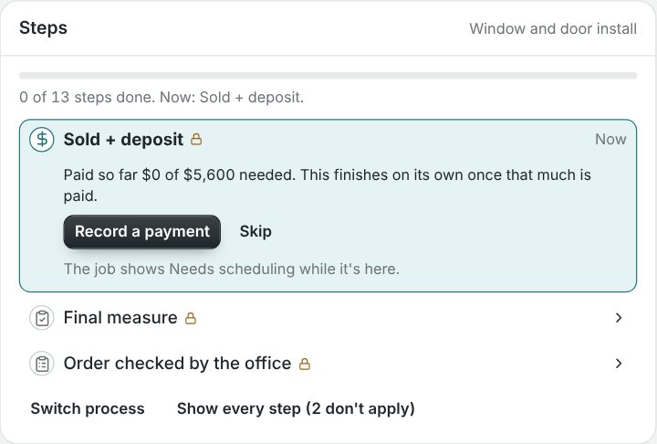 A job's steps: Sold plus deposit is the step it's on now, $0 of $5,600 paid, with a button to record a payment. Final measure and Order checked by the office come next.
